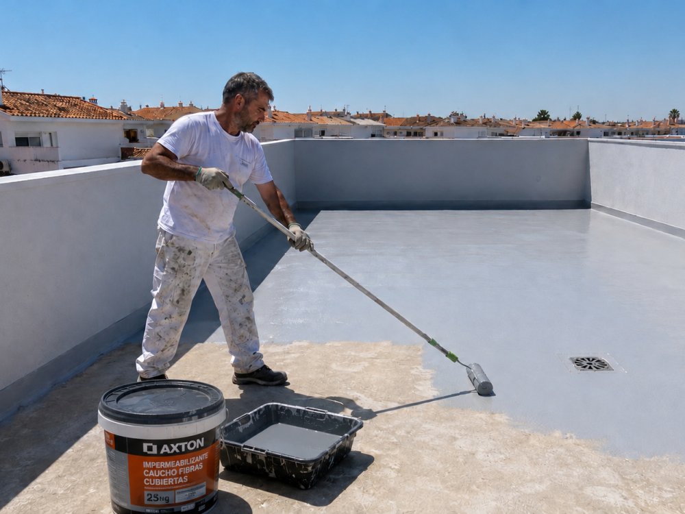 Operario de Pinturas Pizarro aplicando impermeabilizante con rodillo sobre la terraza de un edificio