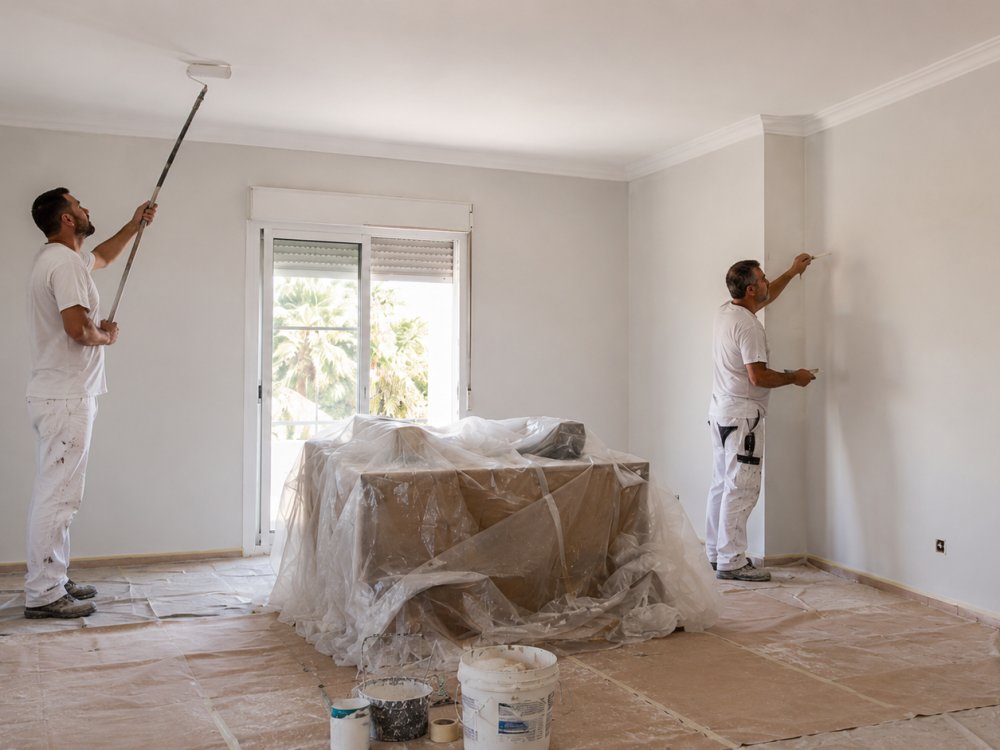 Dos pintores de Pinturas Pizarro pintando el salón de una vivienda con el suelo y los muebles cubiertos