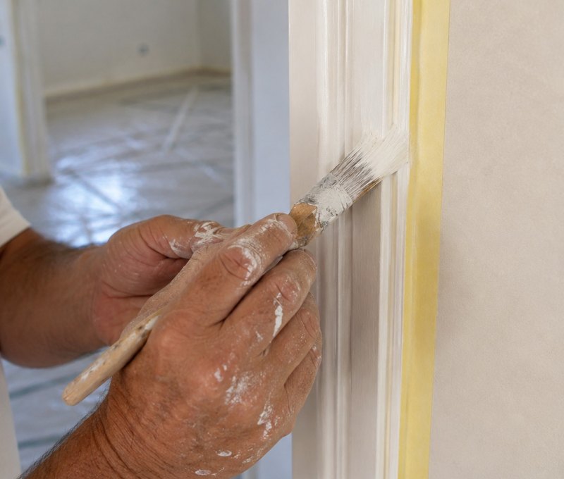 Pintor de Pinturas Pizarro perfilando a brocha el marco de una puerta, con cinta de carrocero y el suelo protegido