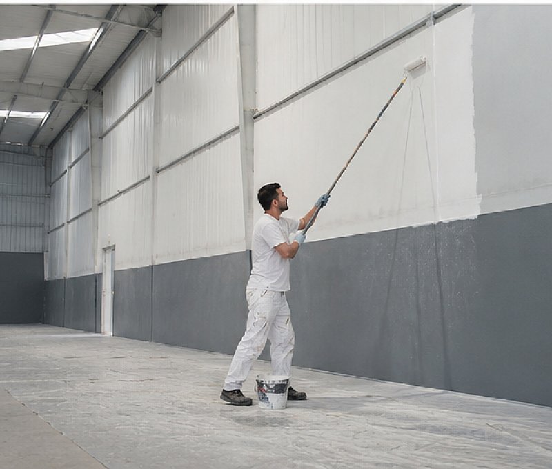 Nave industrial con las paredes pintadas de blanco y el zócalo en gris por Pinturas Pizarro