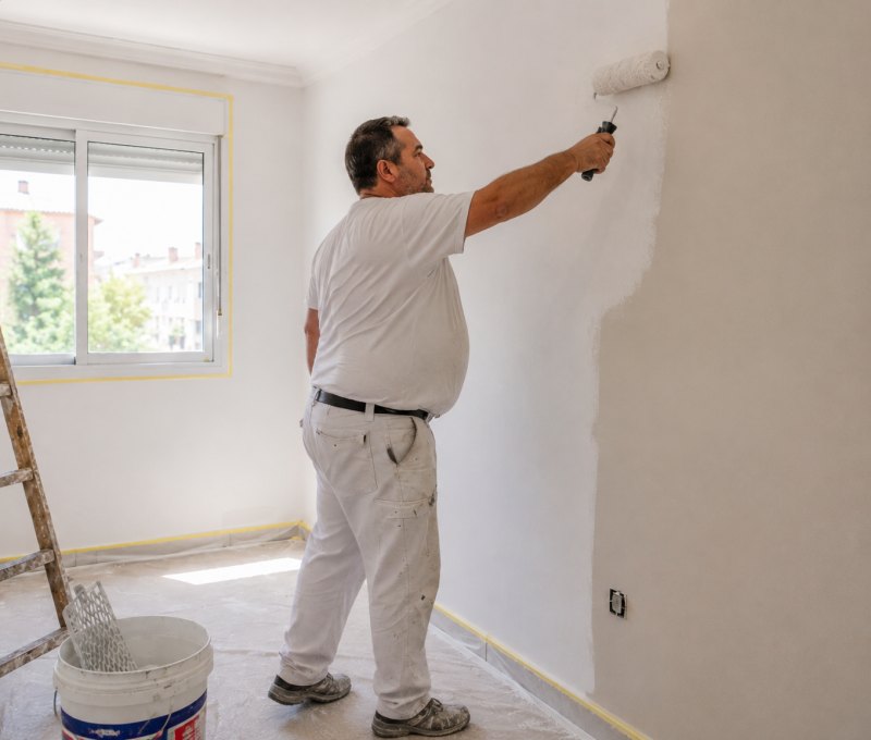 Pintor de Pinturas Pizarro dando rodillo a la pared de una habitación con el suelo cubierto y los marcos protegidos