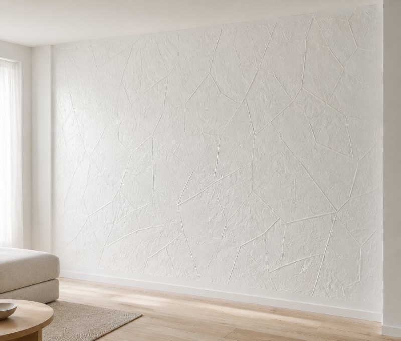 Pared de una vivienda con pintura decorativa en relieve aplicada por Pinturas Pizarro